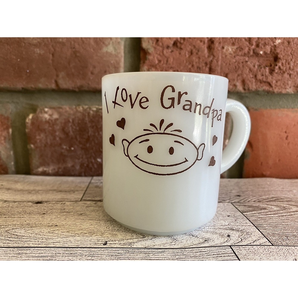 I Love Grandpa Mug Milk Glass White with Brown Grandparent Cup Hazel Atlas HA